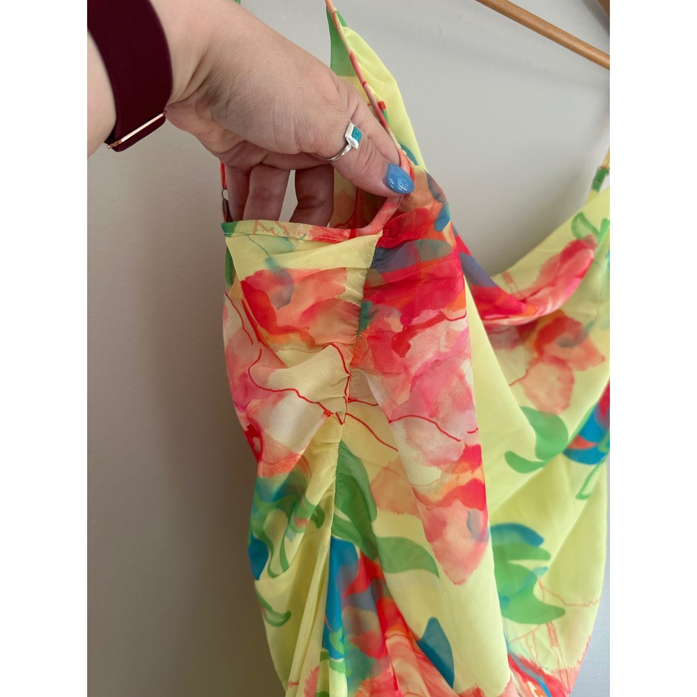 Pretty Lavish Keisha Floral Midi Dress Women 10 Yellow Cowl Neck Ruched Chiffon - Picture 4 of 12